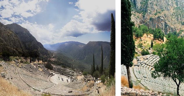 (left) Theatre, Delphi 46; (right) Theatre, closer view with trees, Delphi