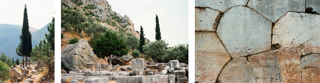 Views of temple foundation with cypress trees, strewn stone blocks, and dry rock wall, Delphi