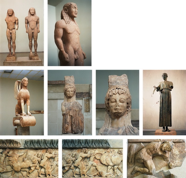 Kleobis and Biton, Kouroi; Biton, Kouros; Sphinx of Naxos; Caryatid; Caryatid bust, Charioteer; Temple of Apollo pediment relief, adjacent relief; Relief of Hercules from the Treasury of the Athenians to Apollo from the Archaeological Museum, Delphi