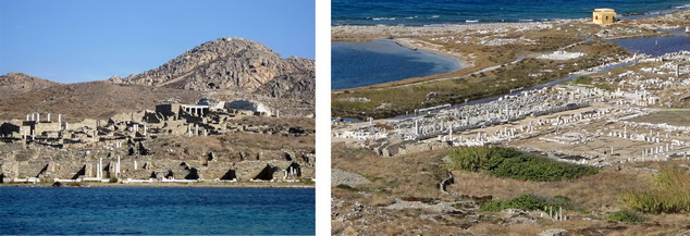 (left) Harbor and temple ruins dug into mountains, Delos  (right) Harbor seen from the mountains, Delos