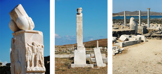 (left) A huge phallus (symbol of Dionysos), Delos 21; (middle) Bust of Hermes, Delos; (right) Fragments of columns, Delos