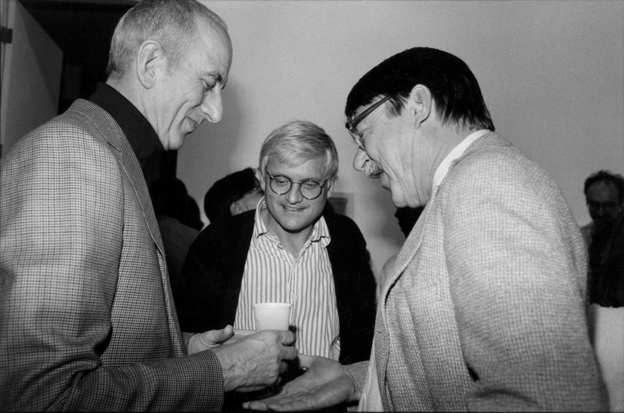 R to L: Brice, Hockney, and Diebenkorn at Brice LA Louver Exhibition opening, 1984